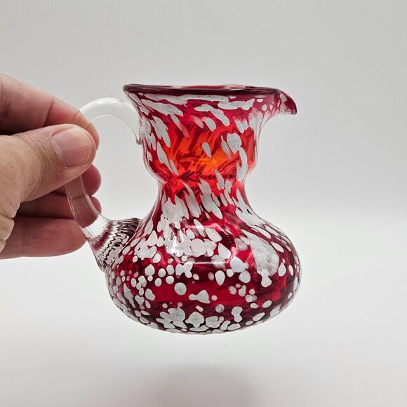 Pilgrim Glass Mini Pitcher Red Cranberry White Splatter Handle Spout Vintage - Picture 7 of 10